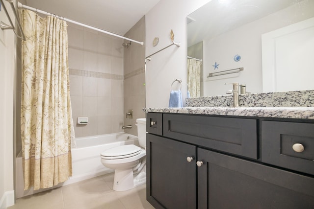 full bathroom with toilet, vanity, shower / tub combo, and tile patterned floors