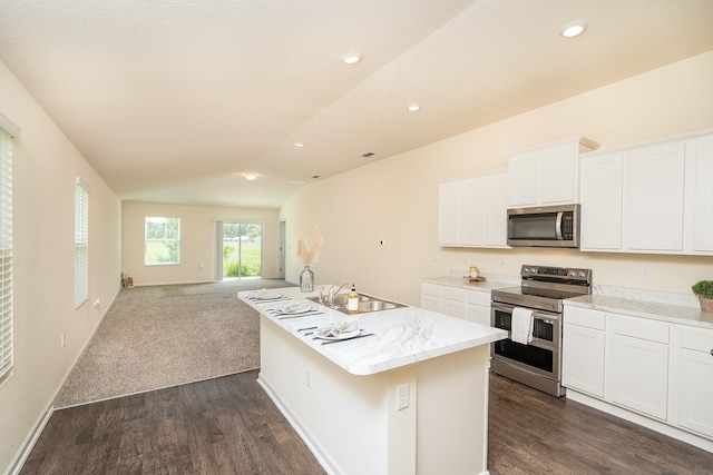 2730 Oak Stream Dr, Green Cove Springs, FL 32043 - kitchen with stainless steel appliances, open floor plan, vaulted ceiling, a kitchen island with sink, and dark wood-type flooring