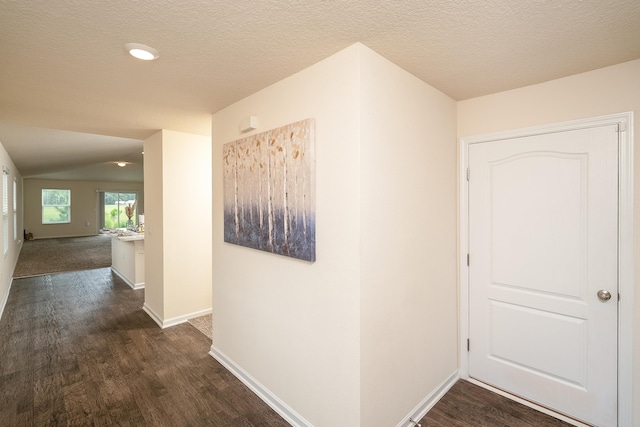 2730 Oak Stream Dr, Green Cove Springs, FL 32043 - hallway with dark wood-type flooring, vaulted ceiling, a textured ceiling, and recessed lighting