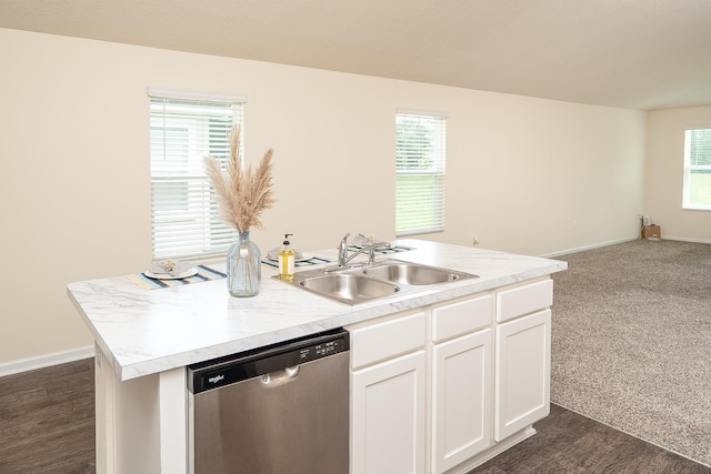 2730 Oak Stream Dr, Green Cove Springs, FL 32043 - kitchen with stainless steel dishwasher, a kitchen island with sink, open floor plan, white cabinetry, and light countertops