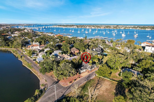 drone / aerial view featuring a water view