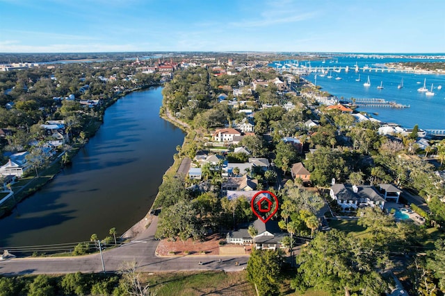 bird's eye view with a water view