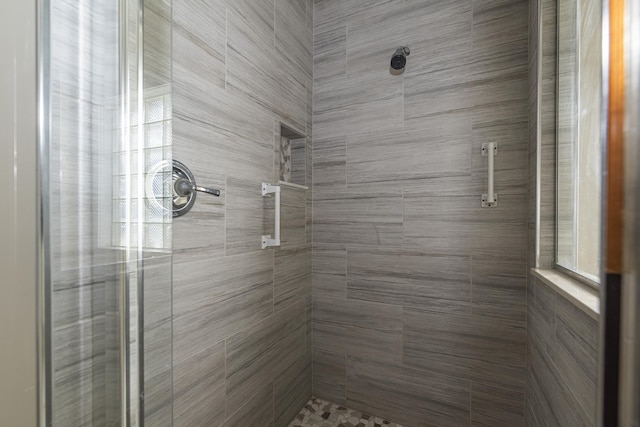 bathroom featuring a shower with shower door