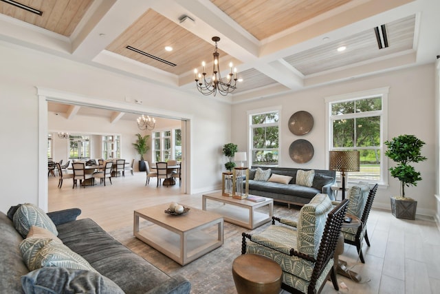 182 Myrtle Oak Ct, Saint Augustine, FL 32092 - living room featuring a chandelier, beamed ceiling, wood finished floors, coffered ceiling, and recessed lighting