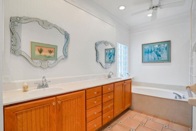 bathroom with a bath, crown molding, double vanity, and a sink