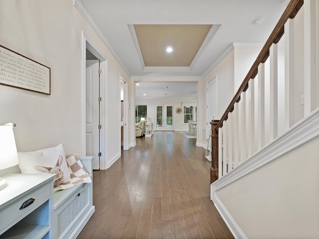 foyer with dark hardwood / wood-style floors, a raised ceiling, and crown molding