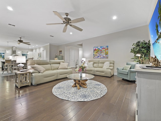 living room featuring crown molding and dark wood-type flooring