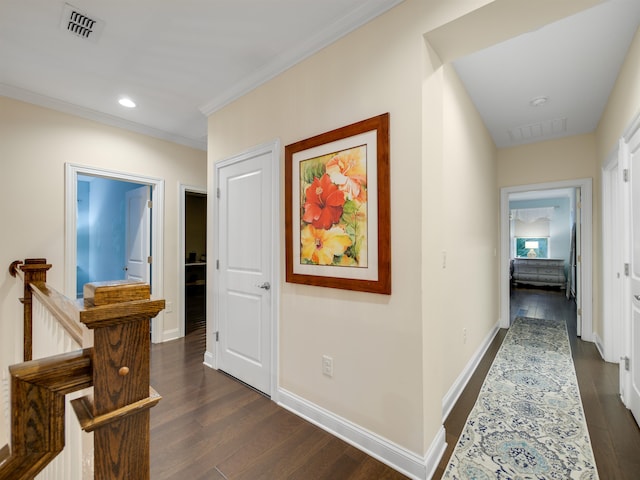 corridor featuring dark hardwood / wood-style flooring and ornamental molding