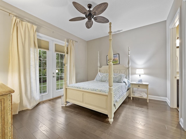 bedroom with french doors, dark hardwood / wood-style floors, and ceiling fan