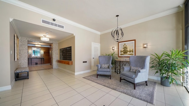 interior space with light tile patterned floors, a chandelier, and ornamental molding