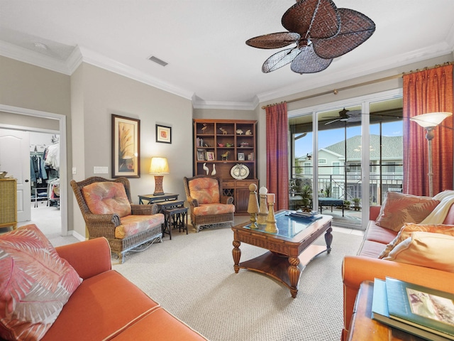 carpeted living room featuring crown molding