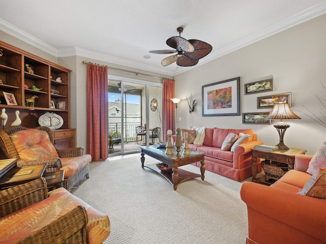 carpeted living room with ceiling fan and crown molding