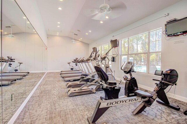 28212 Harbour Vista Cir, Saint Augustine, FL 32080 - gym featuring healthy amount of natural light, carpet floors, a ceiling fan, vaulted ceiling, and recessed lighting