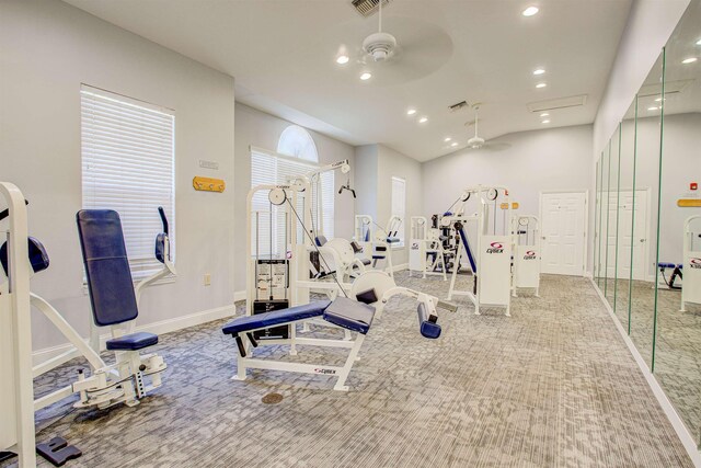 28212 Harbour Vista Cir, Saint Augustine, FL 32080 - exercise area with a ceiling fan, carpet flooring, recessed lighting, baseboards, and lofted ceiling