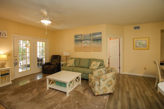35103 Harbour Vista Cir, Saint Augustine, FL 32080 - living room featuring visible vents, baseboards, ceiling fan, and wood finished floors