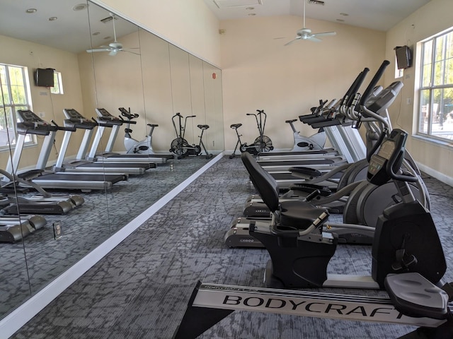 35103 Harbour Vista Cir, Saint Augustine, FL 32080 - exercise room featuring baseboards, ceiling fan, lofted ceiling, and carpet floors