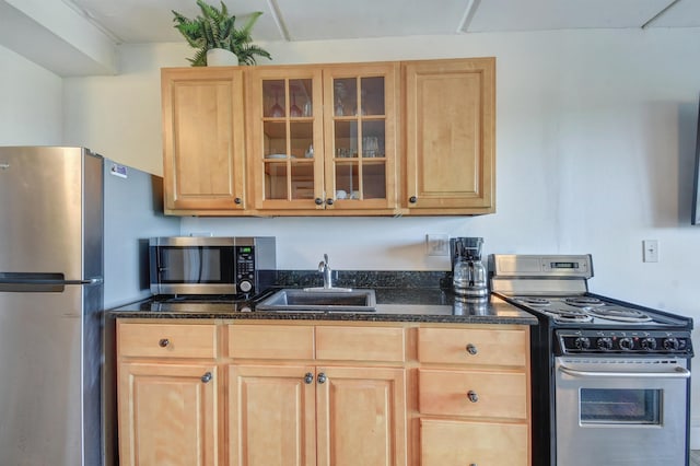 kitchen with stainless steel appliances, dark stone countertops, and sink