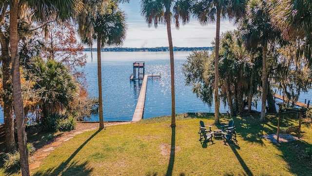 dock area featuring a yard and a water view