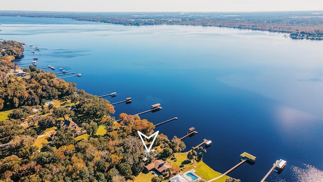 drone / aerial view with a water view