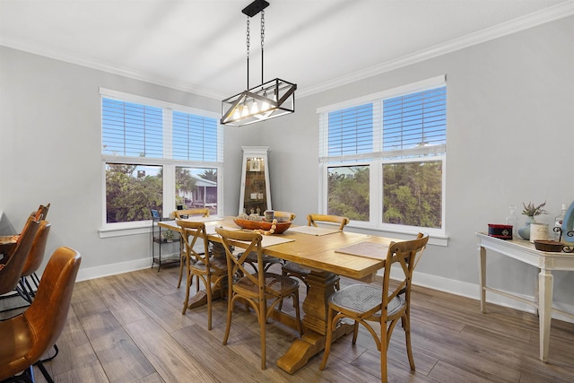 5450 A1A, Saint Augustine, FL 32080 - dining area with ornamental molding, healthy amount of natural light, wood finished floors, and a chandelier