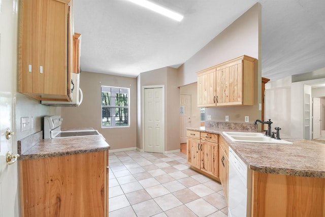 885 Wildwood Dr, Saint Augustine, FL 32086 - kitchen featuring white appliances, light brown cabinets, light tile patterned floors, and light countertops