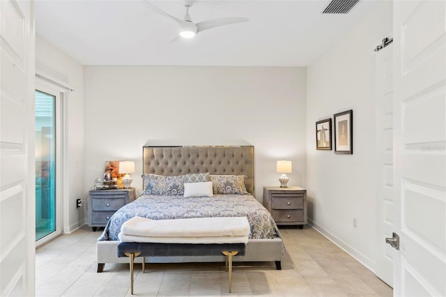 bedroom featuring light tile patterned floors, baseboards, visible vents, ceiling fan, and access to outside