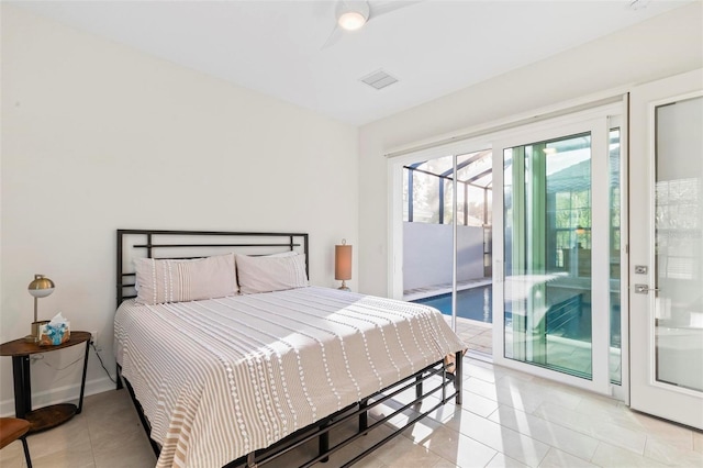 bedroom with access to exterior, visible vents, baseboards, and light tile patterned flooring