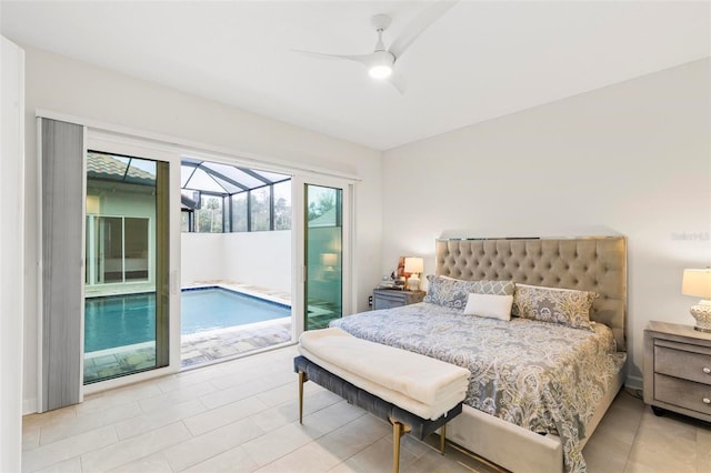 bedroom with access to exterior, light tile patterned flooring, a sunroom, and ceiling fan