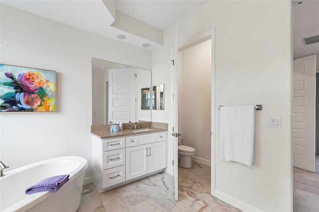 full bathroom with vanity, visible vents, a soaking tub, toilet, and marble finish floor