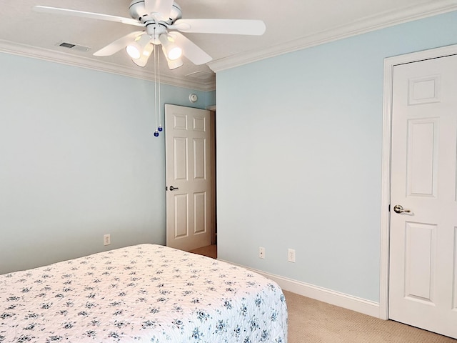 735 E Red House Branch Rd, Saint Augustine, FL 32084 - bedroom with light carpet, ornamental molding, a ceiling fan, and baseboards