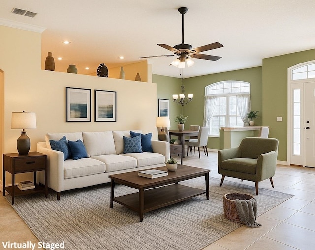 735 E Red House Branch Rd, Saint Augustine, FL 32084 - living room featuring light tile patterned flooring, a chandelier, a ceiling fan, baseboards, and recessed lighting