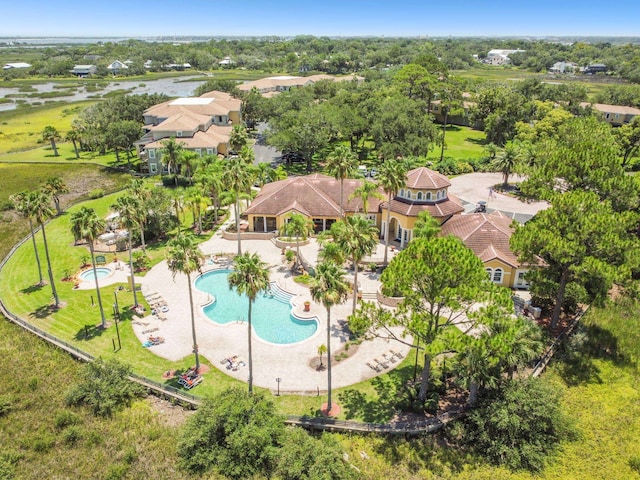 bird's eye view with a water view