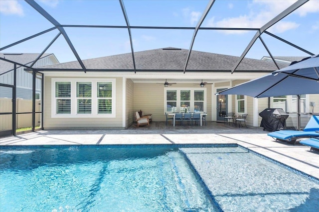 97 Paranza Trce, Saint Augustine, FL 32095 - outdoor pool with area for grilling, a patio area, ceiling fan, and a lanai