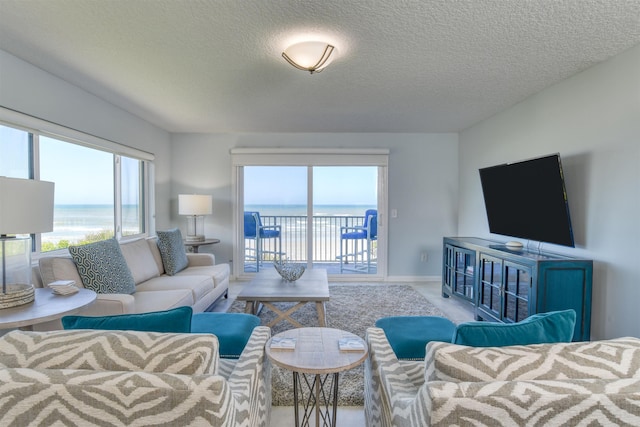 8550 S A1A # 102, Saint Augustine, FL 32080 - living area with a textured ceiling, baseboards, carpet, and a water view