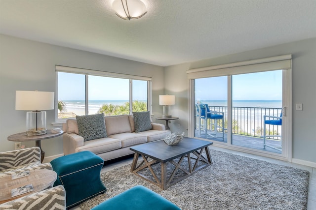 8550 S A1A # 102, Saint Augustine, FL 32080 - living area featuring a water view, baseboards, and a textured ceiling