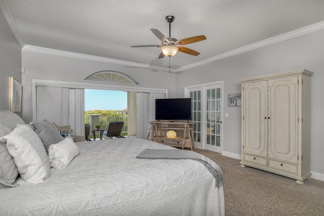 carpeted bedroom with access to outside, french doors, a textured ceiling, ceiling fan, and crown molding