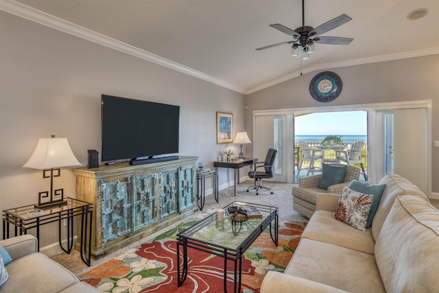 carpeted living room featuring vaulted ceiling, ceiling fan, and ornamental molding