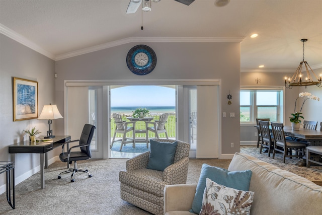 interior space with ceiling fan with notable chandelier, a water view, crown molding, and lofted ceiling