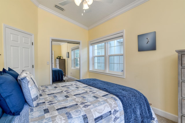 616 Mediterranean Way, Saint Augustine, FL 32080 - bedroom with lofted ceiling, ornamental molding, carpet, a closet, and a ceiling fan