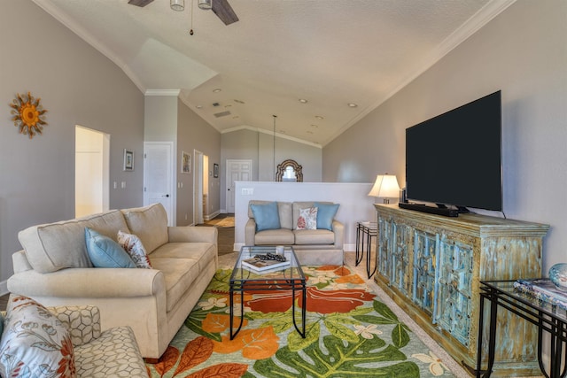 living room with ceiling fan, crown molding, a textured ceiling, and lofted ceiling