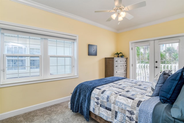 carpeted bedroom featuring ceiling fan, ornamental molding, french doors, and access to exterior