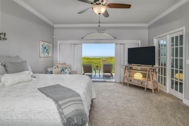 bedroom featuring crown molding, carpet flooring, access to exterior, and a textured ceiling