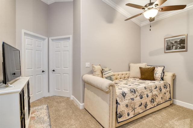 616 Mediterranean Way, Saint Augustine, FL 32080 - bedroom featuring light carpet, crown molding, and ceiling fan