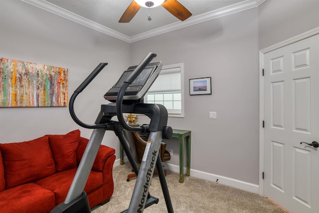 exercise area featuring ornamental molding, light carpet, and ceiling fan