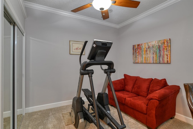 exercise area featuring carpet flooring, crown molding, and a textured ceiling