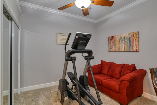 616 Mediterranean Way, Saint Augustine, FL 32080 - workout area featuring carpet, a textured ceiling, ceiling fan, and ornamental molding