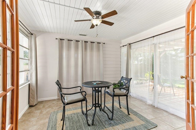 171 Deltona Blvd, Saint Augustine, FL 32086 - sunroom / solarium featuring a ceiling fan, tile patterned flooring, and wooden ceiling