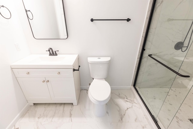 bathroom featuring walk in shower, vanity, and toilet