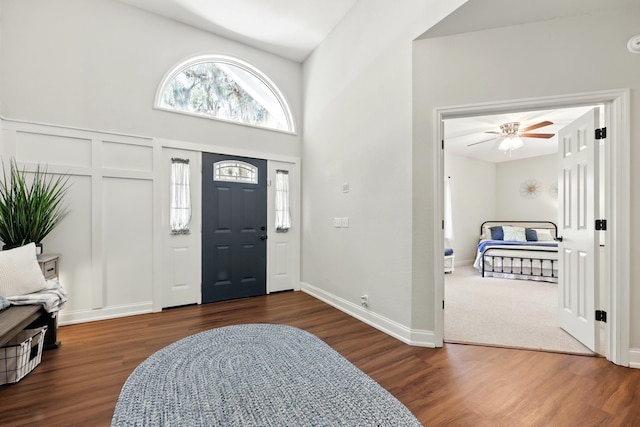 133 Federal Point Rd, East Palatka, FL 32131 - foyer with wood finished floors, a ceiling fan, and a high ceiling