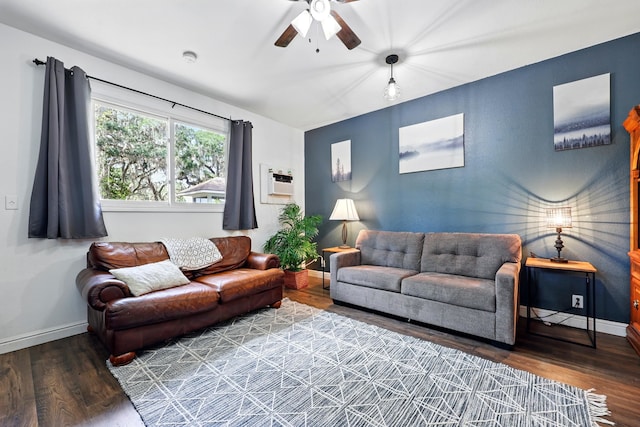 133 Federal Point Rd, East Palatka, FL 32131 - living room featuring a ceiling fan, baseboards, a wall unit AC, and wood finished floors